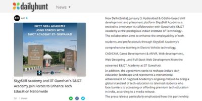 SkyySkill Academy collaboration with IIT Guwahati's E&ICT Academy has been featured in dailyhunt